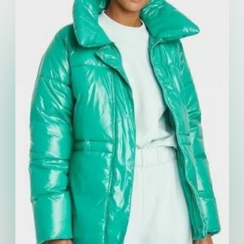 Coat jacket coat large water resistant Jade green puffer metallic women’s ‎large